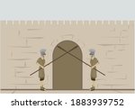 2 Roman soldiers block the exit from the gate within the walls of Jerusalem, the Old City.
The figures are dressed in military clothing from the Roman Empire.
Flat colored vector drawing.