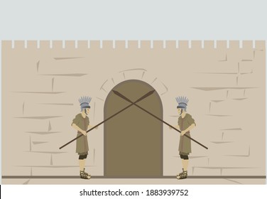 2 Roman soldiers block the exit from the gate within the walls of Jerusalem, the Old City.
The figures are dressed in military clothing from the Roman Empire.
Flat colored vector drawing.