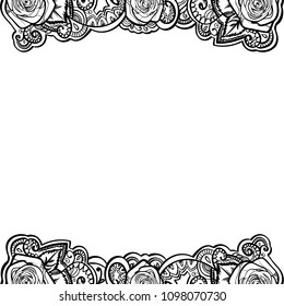 2 roses frame border black and white  doodle ornament hand drawn, vector banner illustration