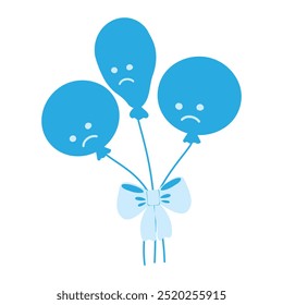 2 round and 1 deflated balloon on rope with sad faces tied with ribbon bow in trendy monochrome blue