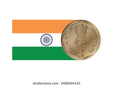 2 Rupees coin of India. Coin side isolated on white background. Flag of India. Vector.