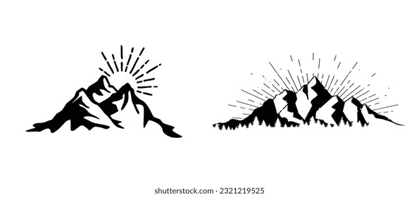 2 rustic mountains with sun set theme silhouette vector art