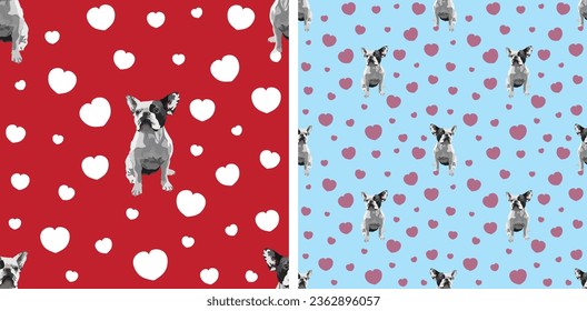 2 Papel pintado de San Valentín con mascotas de corazones y perros. Diseño cuadrado sin fisuras, textura de vacaciones. Embalaje, textil, decoración, papel de envoltura azul. Diseño de amor. Rojo, azul.