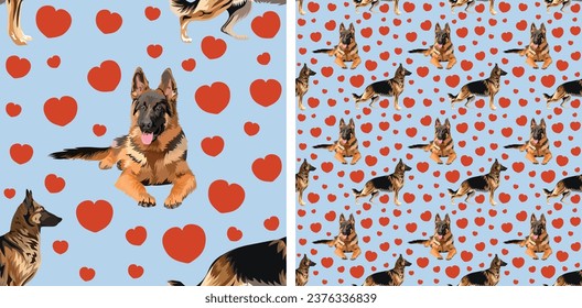 2 Saint Valentine wallpaper with hearts and dog mascots. german shepherd Drawing seamless square pattern, holiday texture. Packaging, textile, decoration, blue wrapping paper. Love design. Red, blue.