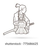 2 Samurai composition cartoon outline graphic vector