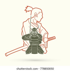 2 Samurai composition cartoon outline graphic vector