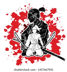 2 Samurai composition with swords cartoon graphic vector
