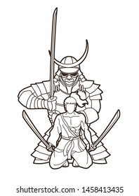 2 Samurai composition with swords cartoon graphic vector