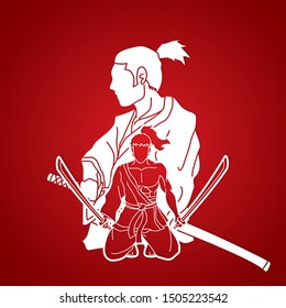 2 Samurai composition with swords cartoon graphic vector