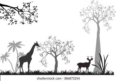 2 Savannah and animals of it silhouettes, trees, grass, grey, black. Isolated on white.