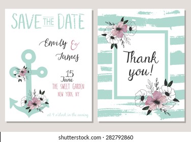 2 save the date cards template collection. Summer ocean flowers bouquets set. Nautical sea wedding elements. Wedding, marriage, bridal shower, birthday. Vector illustration