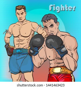 2 scary young men in the boxing ring.
Pop art retro comic book cartoon drawing vector illustration kitsch vintage