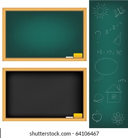 2 School Boards And Drawings Drawn by Chalk, Isolated On White Background, Vector Illustration