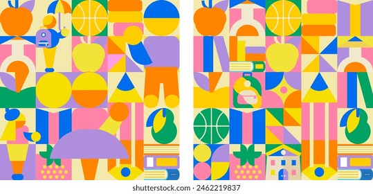 2 school patterns in mosaic style. Bright, childish design with children and school supplies. Perfect for your project!