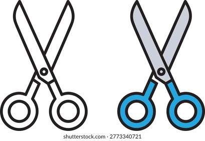 2 scissors are shown side by side. 1 is an outline icon and the other is filled with blue and grey colors. Presented in outline style.