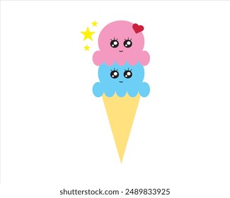 2 scoop ice cream cone. Ice cream with pink and blue colour and cone isolated on white background, illustration, icon and element. 