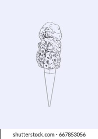 2 scoop of ice-cream cone decoration with fruitloop and marshmellow, sketch vector.