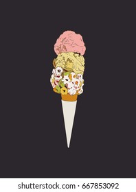 2 scoop of ice-cream cone decoration with fruit loop and marshmallow, sketch vector.