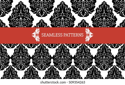2 Seamless abstract floral patterns. Wallpaper in the style of Baroque. Damask wallpaper, black and white seamless pattern