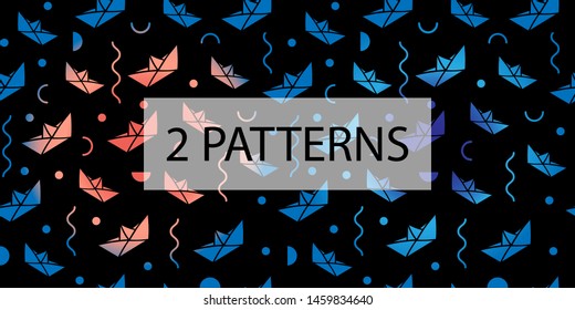 2 seamless gradient patterns with blue and peach paper boats on dark background. Concept for paper design, postcard, textile, prints. Modern pattern set with abstract elements