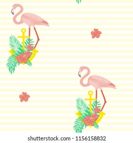 2. Seamless pattern with an anchor and flamingos. Beautiful summer background with flamingos and flowers.