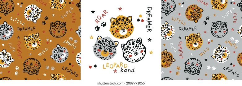 2 Seamless Patterns And Poster With Leopard Cat. Childish Background With Little Funny Cheetah Face. Vector Baby Funny Animal Heads Drawing For Tee Print For Kids. Brown, Yellow, Gray, White Colors