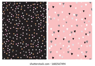 2 Seamless Vector Patterns with Tiny Stars Isolated on a Black Background and Sweet Hand Drawn Hearts Isolated on a Light Pink Layout. Cute Starry Print ideal for Fabric, Textile, Wrapping Paper.