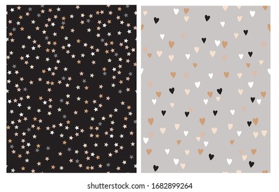 2 Seamless Vector Patterns with Tiny Stars Isolated on a Black Background and Sweet Hand Drawn Hearts Isolated on a Light Gray Layout. Cute Starry Print ideal for Fabric, Textile, Wrapping Paper.