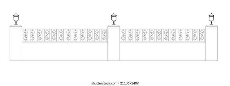 2 section of 2D decorative fencing drawing. Created using the CAD design. Drawing in black and white.