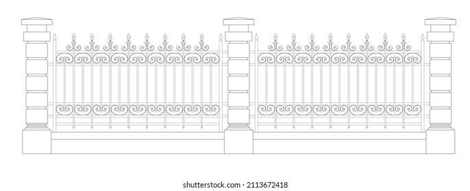2 sección del dibujo de cercas decorativas 2D. Creado utilizando el diseño CAD. Dibujo en blanco y negro.