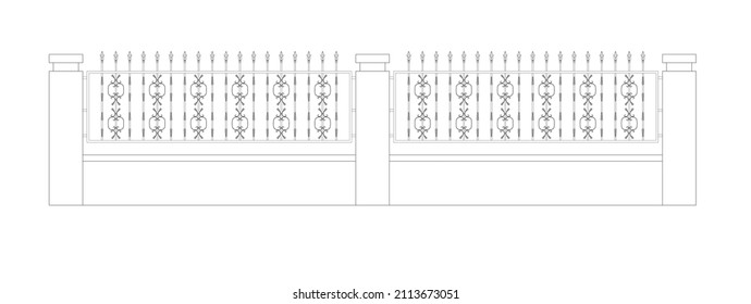 2 section of 2D decorative fencing drawing. Created using the CAD design. Drawing in black and white.
