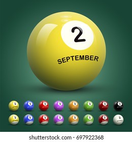2 September. Billiard ball calendar day. Different color billiard balls isolated on green background vector illustration.