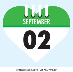 2 September calendar icon green heart shape on light sky blue color background, calendar vector symbol for the month of September.