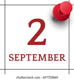 2 September. Daily calendar with red push pin vector illustration.