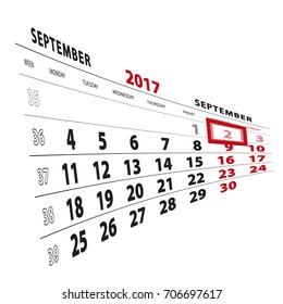 2 September highlighted on calendar 2017. Week starts from Monday. Vector Illustration.