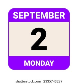 2 de septiembre, lunes. Plantilla de fecha. Diseño útil para la promoción de calendarios o eventos. Ilustración vectorial Archivo EPS 10. Aislado sobre fondo blanco. 