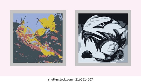 2 Set of abstract creative minimalist hand-painted illustrations for wall decoration