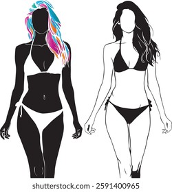 2 set Black and white line drawing a woman in bikini silhouette vector Art illustration