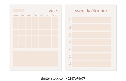 2 Set of minimalist planners. Daily, weekly, monthly planner template. Simple printable to do list. Business organizer page. Paper sheet. Realistic vector illustration.
