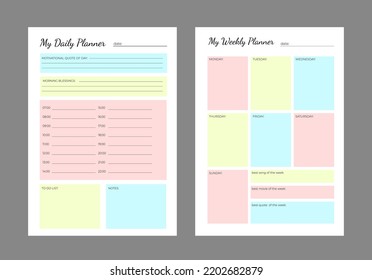 2 Set of minimalist planners. Daily and weekly planner template. Cute and simple printable to do list. Business organizer page. Paper sheet. Weekly and days organizers trendy colors