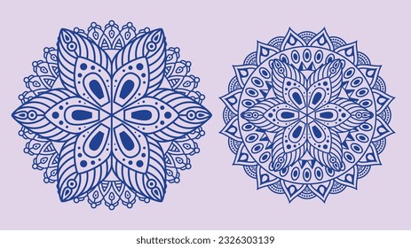 2 juegos de adornos decorativos de diseño de Mandala de color púrpura vectorial de lujo. Ilustración vectorial EPS.