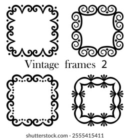 2 set of vector square frames with geometric ornaments isolated on white background. Simple vintage blank frames for text, greeting cards, invitations, certificates, web banners, brochures, vignettes