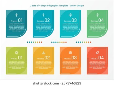2 sets of 4 steps infographic template, theme of flat rectangular with rounded edge in colorful color, also with line and symbols