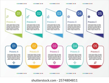 2 sets of 5 options business infographic template, shield and parallelogram shapes with text frame, number and symbols