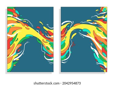 2 Sets Of Colorful Abstract Psychedelic and Trippy Color Liquid, Lines, and Waves. 1960s, 1970s Background Set. For Music Festival Cover, Invitation, Banner, Poster, Card And Other.