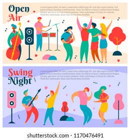 2 sets of colorful modern flat characters for jazz,rock,blues music fest-singer,musicians,guitar,sax,drums,double bass,loudspeakers.Happy people dancing,rejoice,making selfie on musical festival party