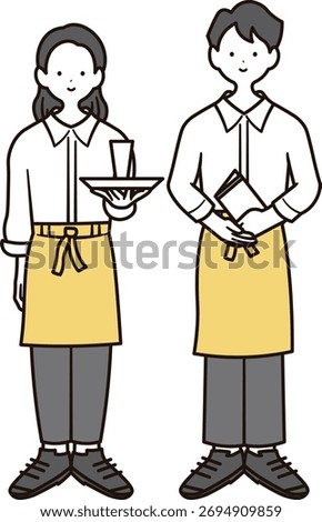 2 sets of full body illustration materials of Japanese female and male staff working in a cafe