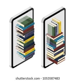 2 sets of isometric smartphone (cellphone) with stack of books isolated on a white background. Vector illustration.