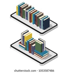 2 sets of isometric smartphone, cellphone, with row, stack, of books isolated on a white background. Vector illustration.