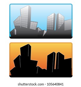 2 sets of silhouettes city building with sky background